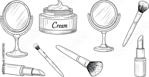 Vintage cosmetic collection mirrors cream jar lipstick and applicators