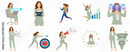 Minimalist Flat Businesswoman Character Set Illustration with Career and Growth Concept