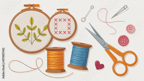 sewing tools and embroidery hoops with threads and buttons on white background
