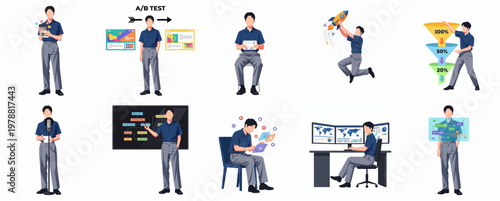 Cartoon Businessman in Various Business Analytics and Strategy Concept Illustration Set