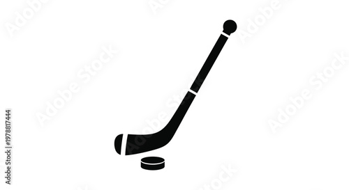A minimalist black silhouette depicts a hockey stick and puck isolated on a plain white background
