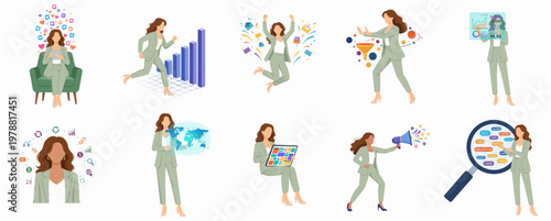 Flat Style Various Businesswoman Activities Set Illustration in Light Green Suit