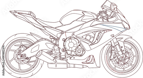 Detailed line art drawing of a modern sport motorcycle isolated on a plain white background showing the vehicle from a clear side view profile perspective