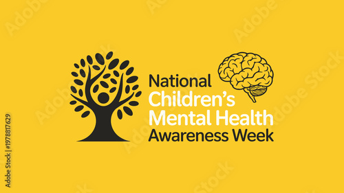 National Children's Mental Health Awareness Week Logo with Stylized Tree Person and Human Brain Icons on Solid Yellow Background
