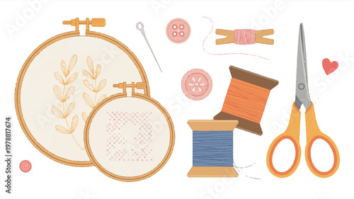 sewing tools and embroidery hoops with threads and buttons on white background