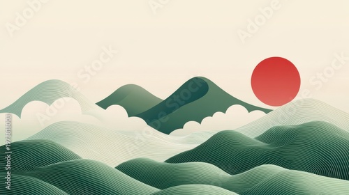 Stylized japanese landscape with rolling green hills, white clouds, and a vibrant red sun, serene asian nature background design.