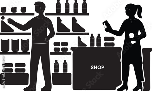 A man and woman standing in a shop