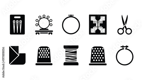 sewing tools icons set for graphic design  various equipment for sewing and crafting