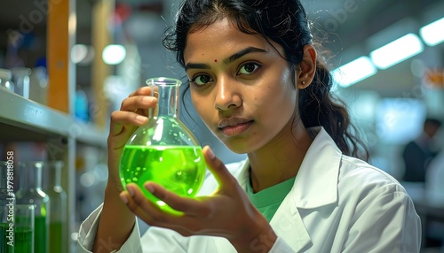 Young Scientist in Lab Holding Green Liquid Flask.