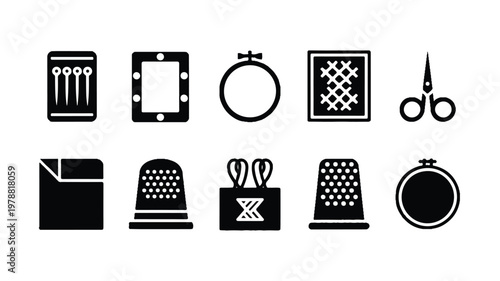 sewing tools icons set including thimble and  scissors  various equipment for sewing