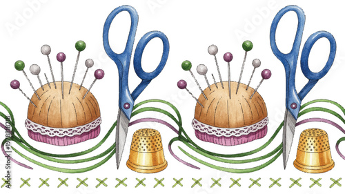 sewing tools illustration with thimbles and scissors for crafting  sewing kit elements
