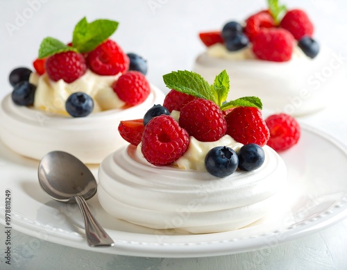 Delicious Pavlova Dessert with Fresh Berries and Mint.