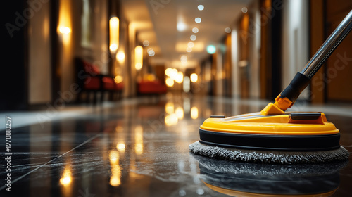 Professional floor cleaning machine polishing modern interior hallway