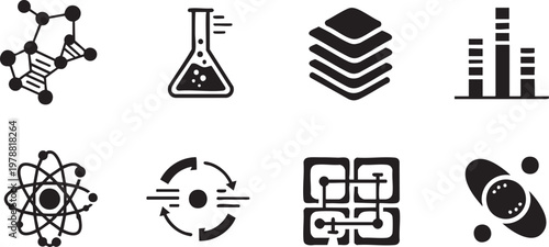 Science and Laboratory Technology Icon Set with DNA Research Atom and Data Analysis Symbols