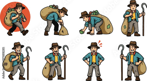 Cartoon farmer with harvest sack and walking stick poses vector set