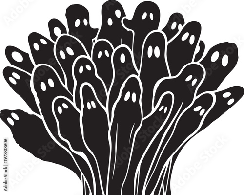Halloween ghosts, spooky black silhouettes, ghostly figures, creepy icons