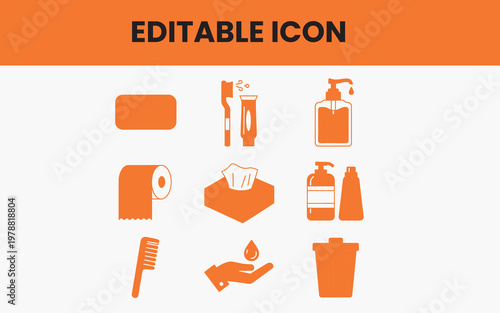 Bathroom Essentials Icon Set: An array of bathroom essentials icons, rendered in a clean, modern style, perfectly suited for digital interfaces and print applications.