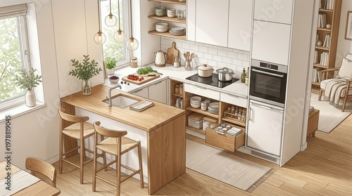 An intimate studio kitchen scene captured from a slightly elevated angle, highlighting a small island with bar seating, white