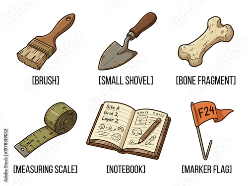 Archaeology tool set collection: brush, shovel, bone fragment, scale, notebook and marker flag