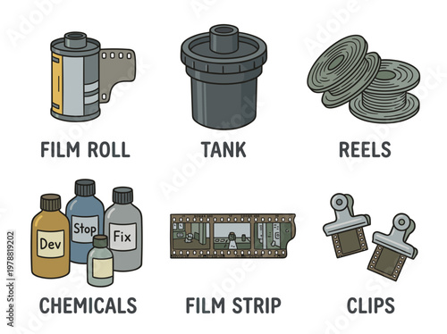 Film processing equipment kit including tank, reels, chemicals and clips, muted cartoon style