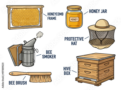Beekeeping equipment set: honeycomb frame, smoker, brush, honey jar, hat, hive box, and labels