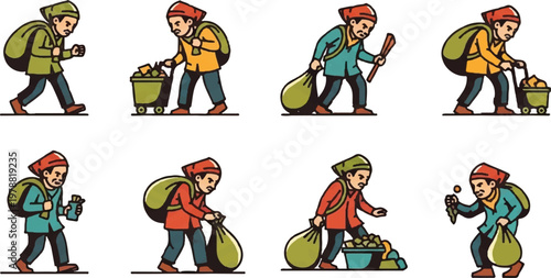 Collection of illustrations depicting a person carrying belongings various activities vector style