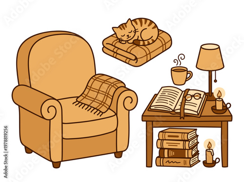 Cozy reading icons set, hygge book elements with candle, tea cup, and curled cat