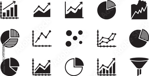 Black infographic icons, business chart graphics, 20 data visualization symbols, pie chart and graph elements