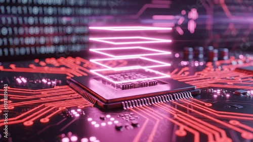 Futuristic Circuit Board with Glowing Processor and Data.