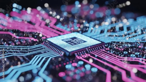 Futuristic Circuit Board with Glowing Processor Close-Up