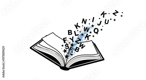 Letters emerging from an open book.