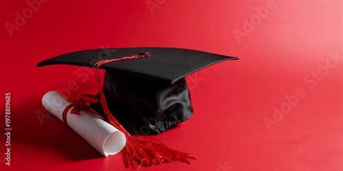 Graduation Cap and Diploma on Red Background for Educational Celebration