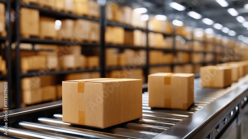 Boxes Moving on a Conveyor Belt Inside a Warehouse During Daylight Hours in a...