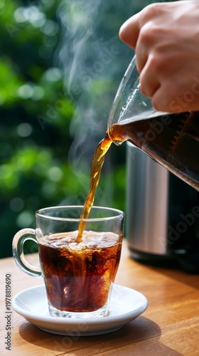 Coffee Being Poured Into a Clear Cup on a Wooden Table Outside in the Morning...