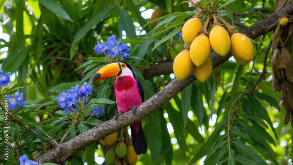 Fototapeta premium A vividly colored toucan perched on a lantana branch, surrounded by mangoes.