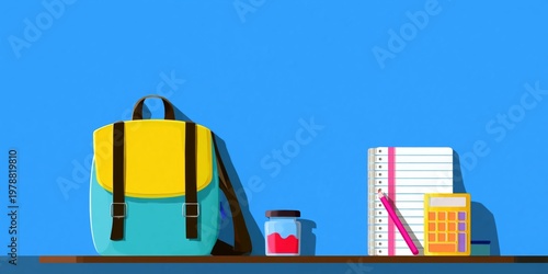School Supplies Arranged on a Desk With a Blue Background and Various Items f...