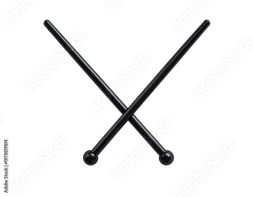 Two crossed black knitting needles with spherical ends