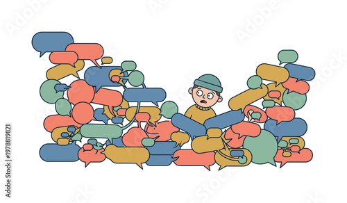 Overwhelmed person buried in a chaotic pile of colorful speech bubbles
