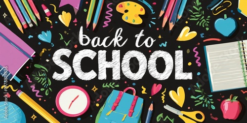 Graphic Design Celebrating Back to School With Various School Supplies and El...
