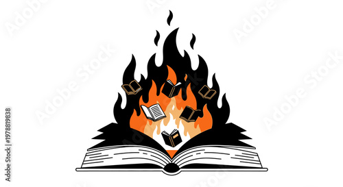 Burning book with flames and objects.