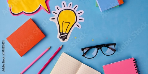School Supplies on a Blue Background With a Burst Design and Various Learning...