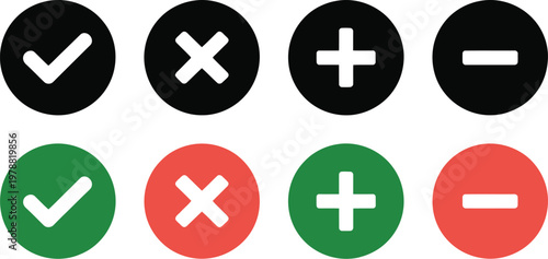 Plus minus check mark icon set, vector illustration of add subtract approve reject symbols with checkmarks and red x icons for interface and feedback design.