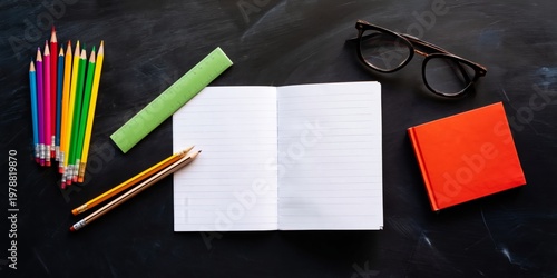 Colorful School Supplies Arranged on a Desk With Open Notebook and Glasses