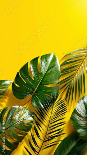 Tropical Leaves Arranged on a Bright Yellow Background in a Vertical Layout