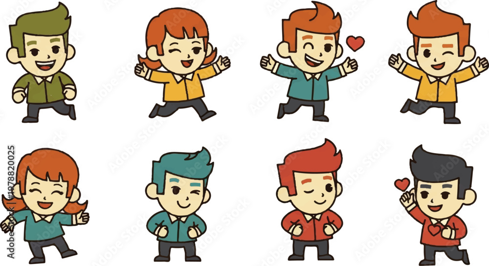 Obraz premium Cartoon characters set various poses expressions emotions