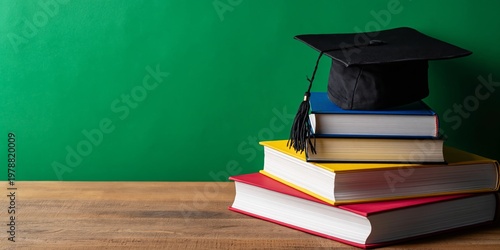 Graduation Cap on Stacked Books Against a Green Background in a Study Area
