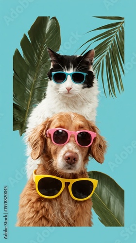 Two Pets Wearing Sunglasses Stand in Front of Green Leaves Against a Blue Bac...