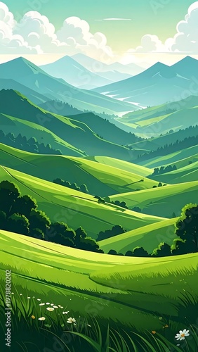 Cartoon-style illustration of rolling green hills under a bright sky with mountains in the distance and fluffy white clouds