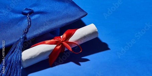 Graduation Cap and Diploma on Blue Background With Red Ribbon Sitting on a Table