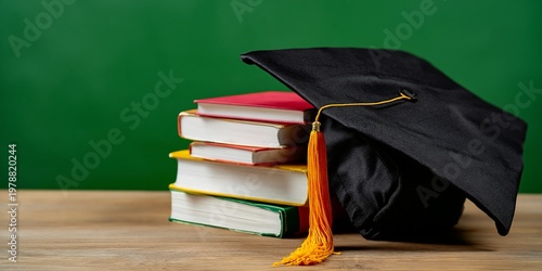 Graduation Cap Rests on Stack of Textbooks on Wooden Table With Green Background